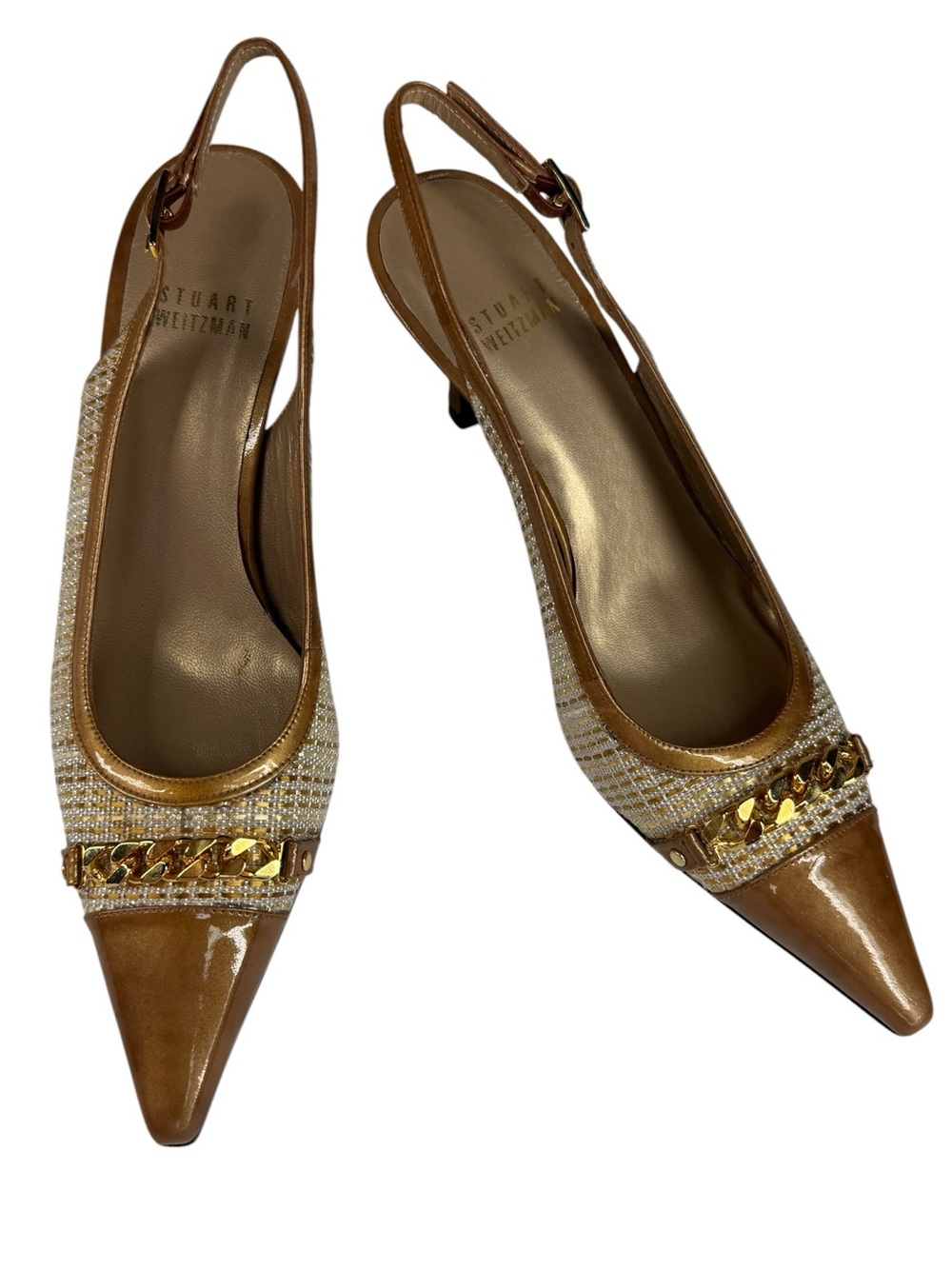 Stuart Weitzman Woven Tweed Slingback Pumps Cognac Patent Chain Size 6.5